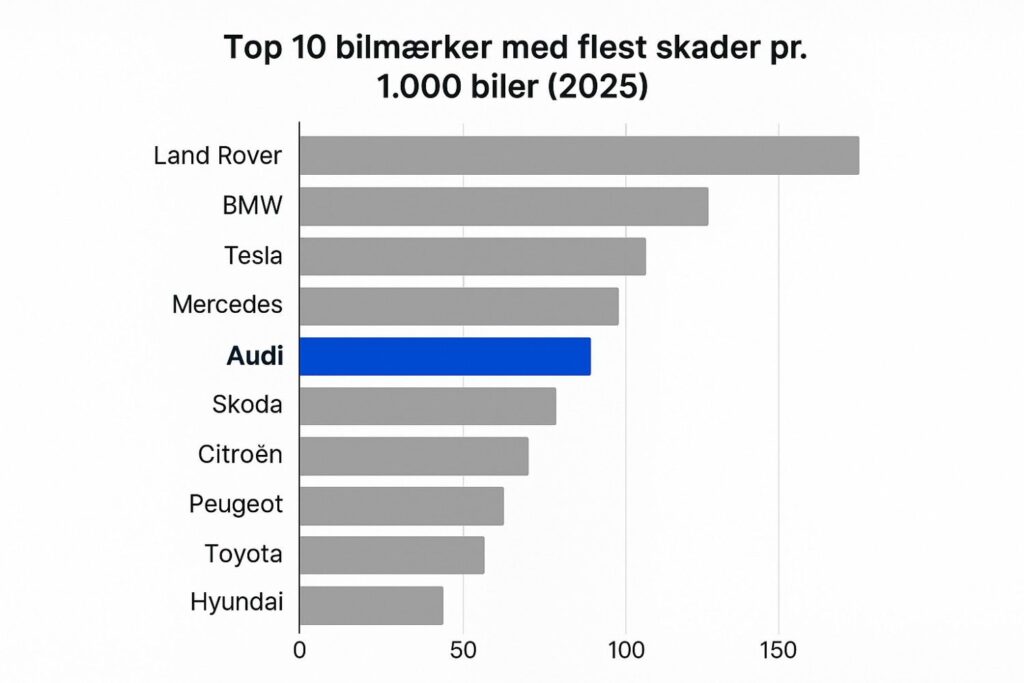 Diagram over top 10 bilmærker med flest skader pr. 1.000 biler i Danmark 2025, med Audi fremhævet