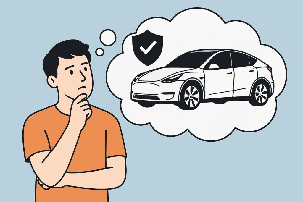 Illustration af en person der tænker på forsikring til Tesla Model Y