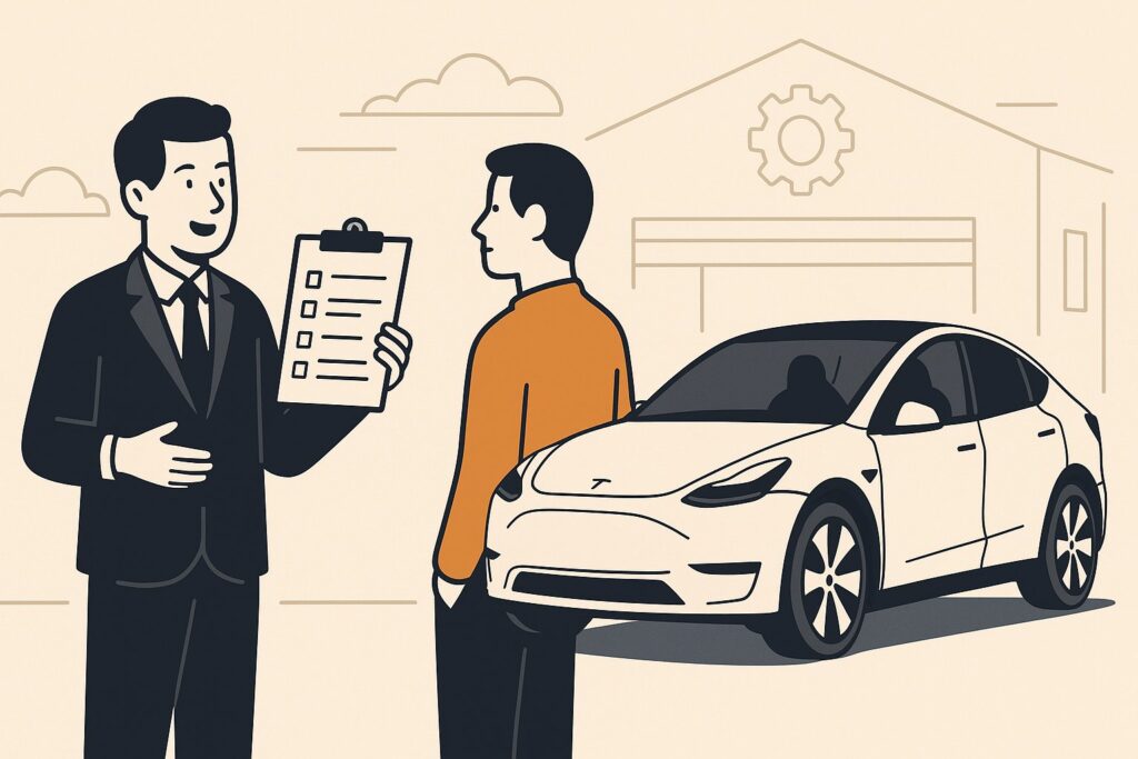 Illustration af en Tesla Model Y ved et værksted, hvor en forsikringsagent taler med en kunde om bilforsikring