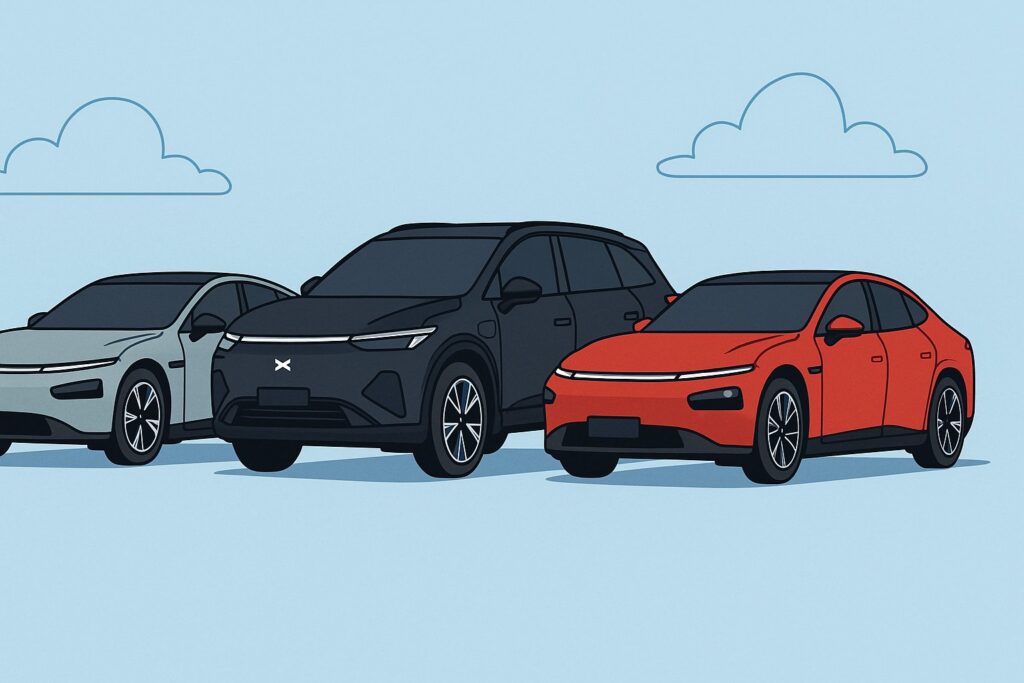 Illustration af Xpeng elbiler parkeret ved siden af hinanden i 2D flat design