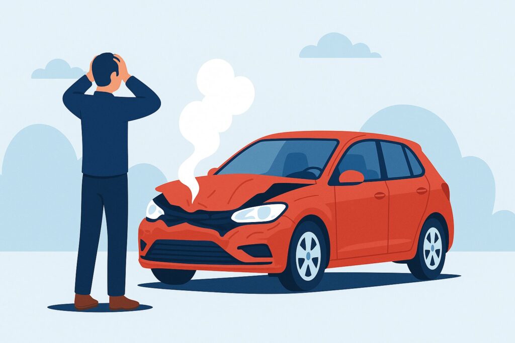 2D illustration af en rød bil, der er kørt galt, med en bekymret ejer stående foran bilen med hænderne på hovedet